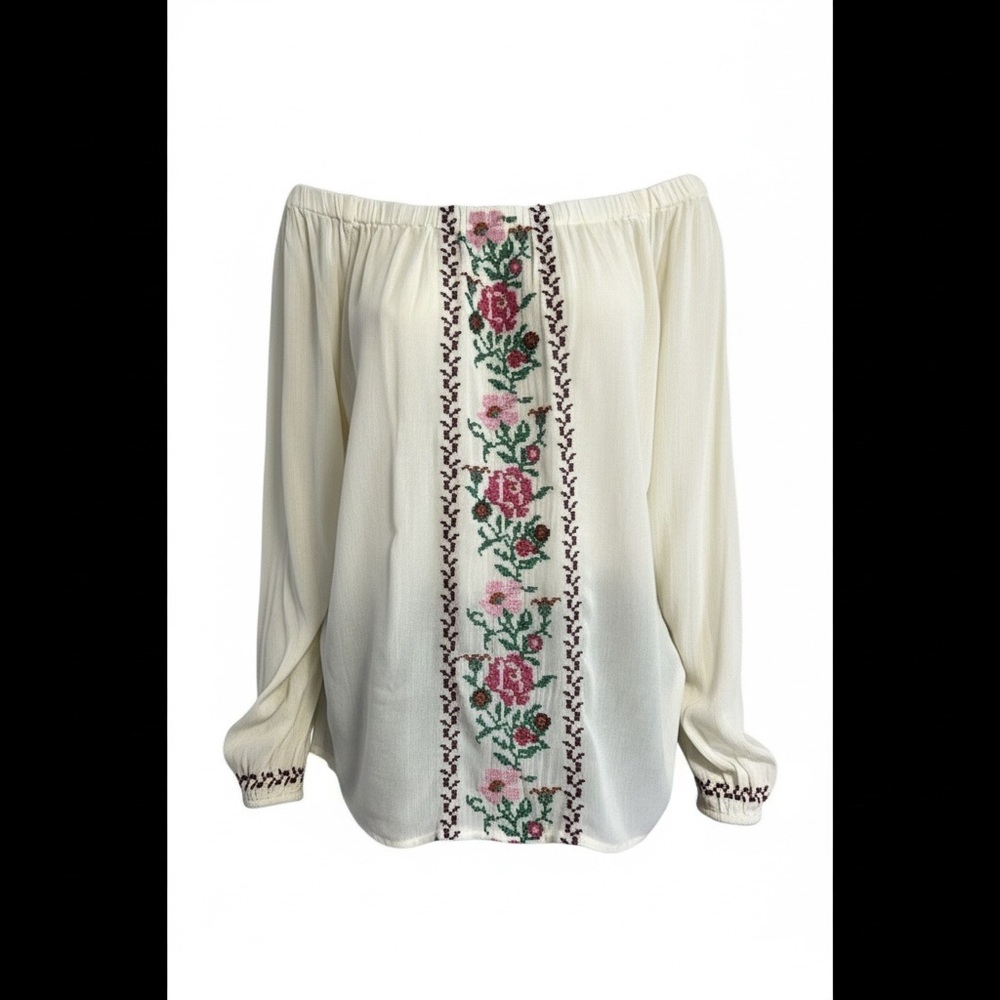 Old Navy Cream Off-Shoulder Peasant Blouse with Floral Panel